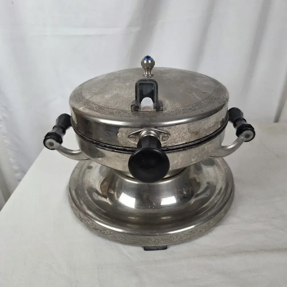Vintage WORKING Empress Waffle Iron Maker Blue Rhinestone Art Deco Chrome Silver